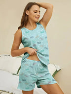 Women’s printed round neck pajama top and shorts lounge set by Trendsi, featuring comfortable fabric and casual style.