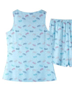 Women’s printed round neck pajama top and shorts lounge set by Trendsi, featuring comfortable fabric and casual sleepwear style.