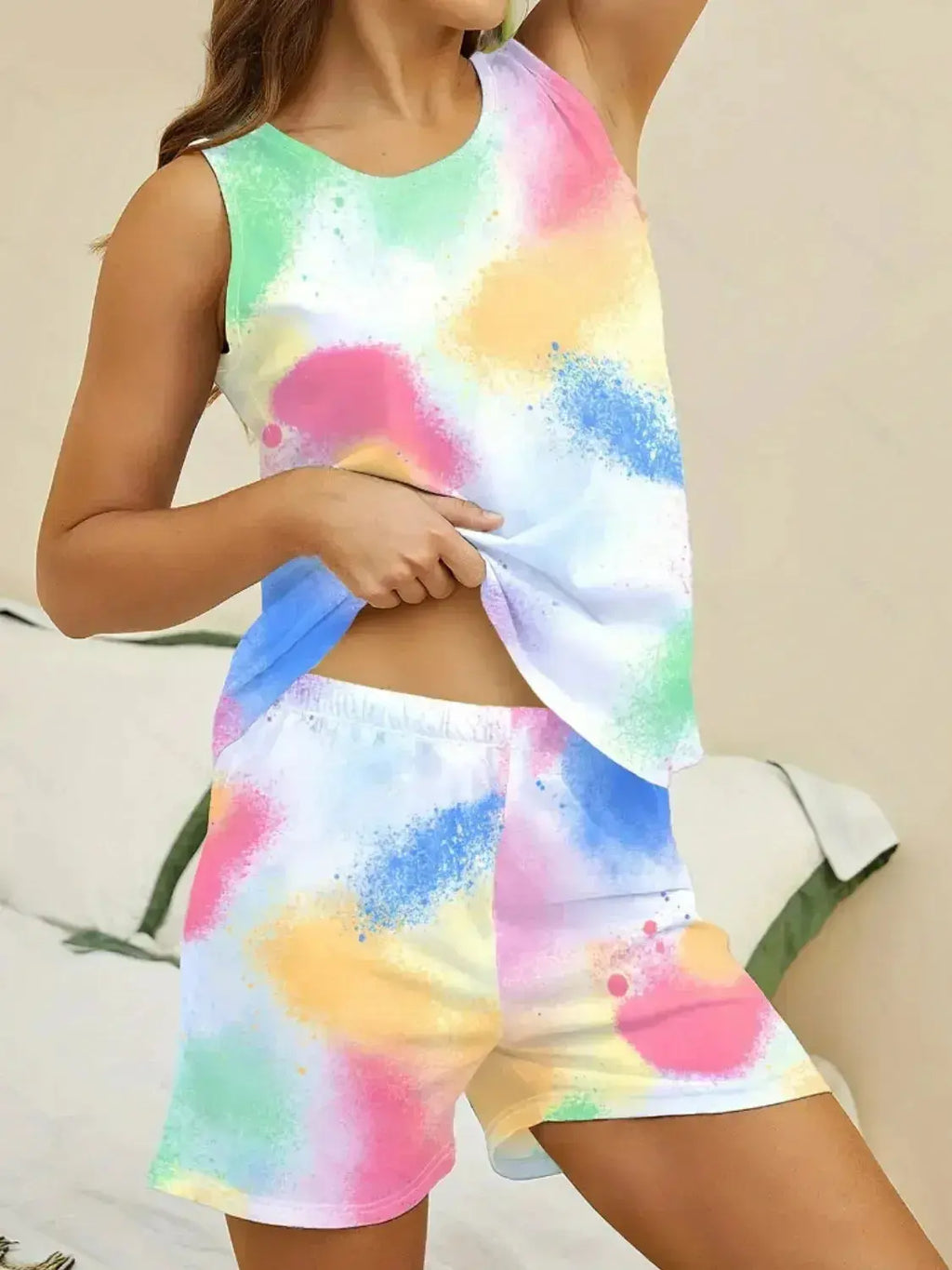 Women's printed round neck pajama top and shorts lounge set by Trendsi, featuring comfortable fabric and casual sleepwear style.
