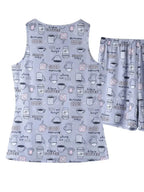 Women’s printed round neck pajama top and shorts lounge set by Trendsi, featuring comfortable fabric and casual sleepwear style.
