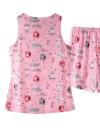 Women's printed pajama top and shorts lounge set by Trendsi, featuring a round neck and comfortable relaxed fit.