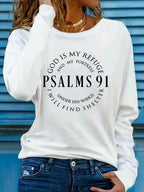 Women’s Psalms 91 long sleeve Christian faith T-shirt by Plush Fashion Hub featuring inspirational scripture design.