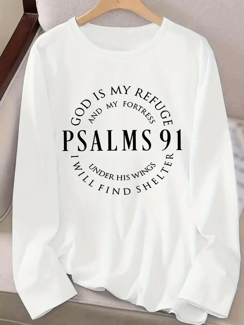 Women’s Psalms 91 long sleeve faith T-shirt from Plush Fashion Hub featuring inspirational Christian scripture design.