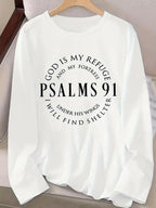 Women’s Psalms 91 long sleeve faith T-shirt from Plush Fashion Hub featuring inspirational Christian scripture design.