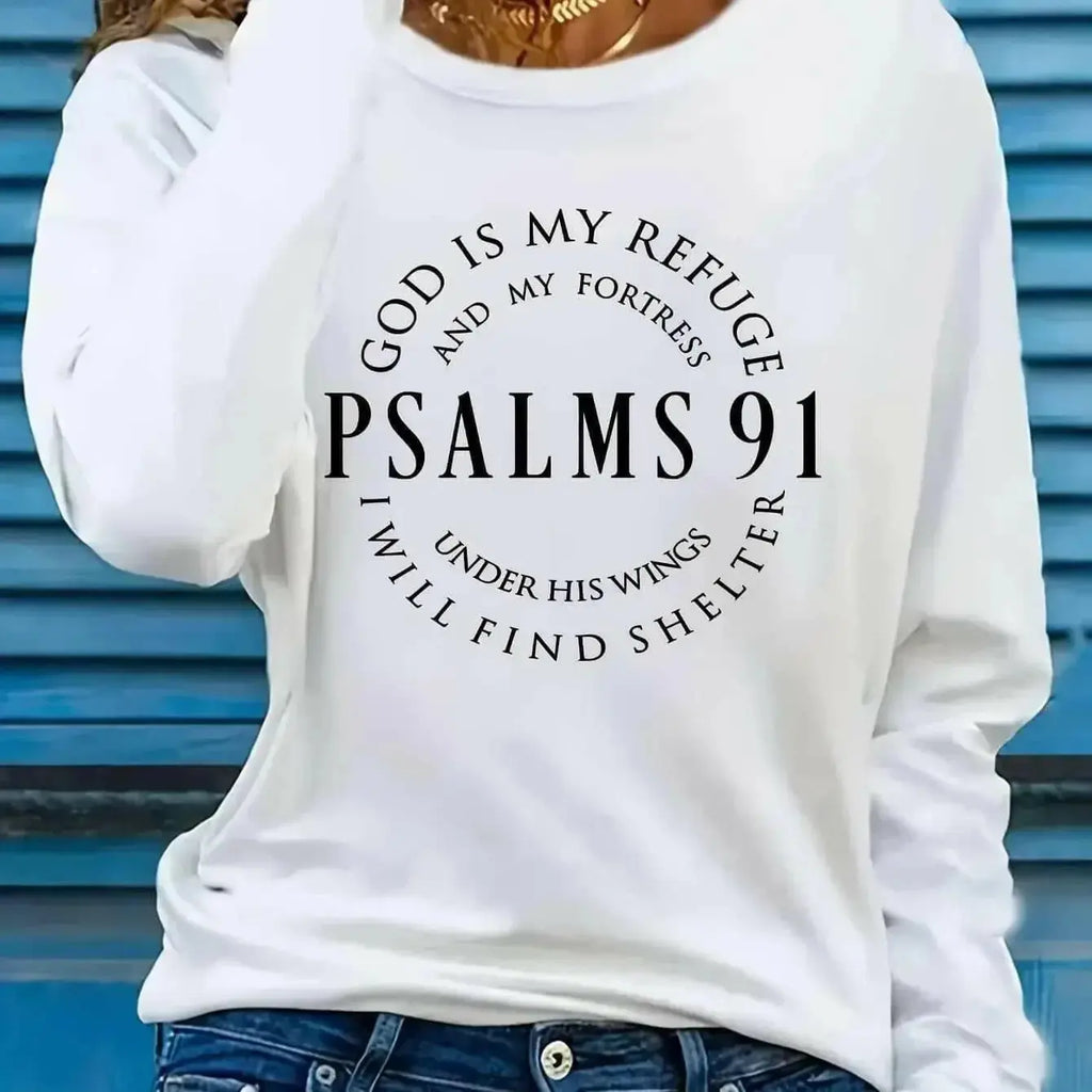 Women’s Psalms 91 long sleeve faith T-shirt by Plush Fashion Hub featuring inspirational Christian design and comfortable fit.