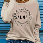 Women’s Psalms 91 long sleeve faith T-Shirt by Plush Fashion Hub, featuring inspirational Christian design and comfortable fit.