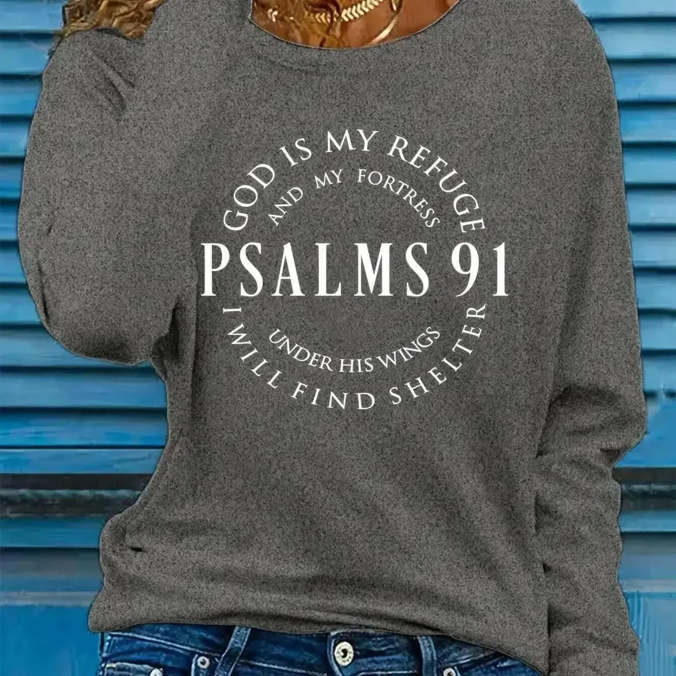 Women’s Psalms 91 long sleeve faith T-shirt by Plush Fashion Hub featuring inspirational Christian design and comfortable fit.