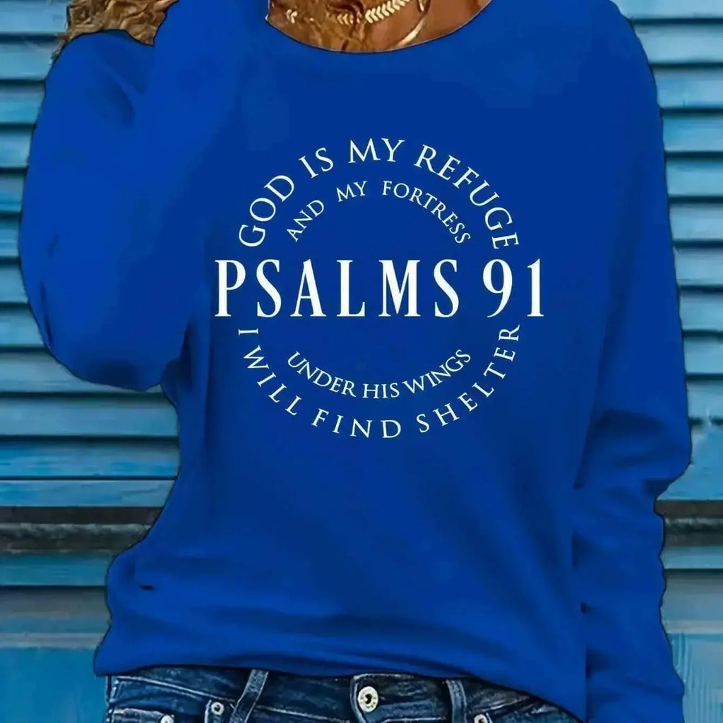 Women’s Psalms 91 long sleeve faith T-shirt by Plush Fashion Hub, featuring inspirational Christian design and comfortable fit.