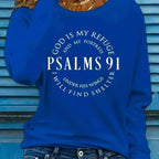 Women’s Psalms 91 long sleeve faith T-shirt by Plush Fashion Hub, featuring inspirational Christian design and comfortable fit.