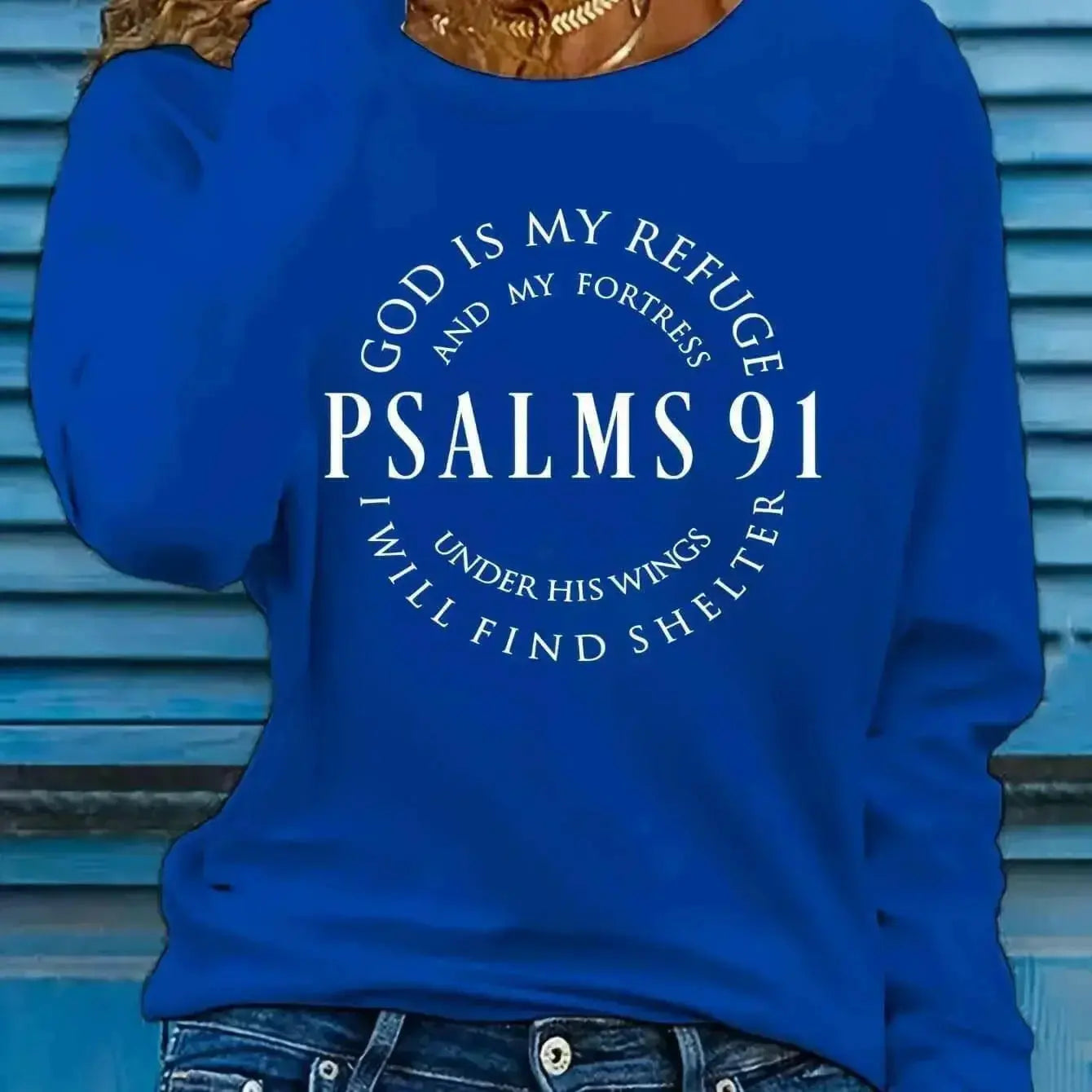 Women’s Psalms 91 long sleeve faith T-shirt by Plush Fashion Hub, featuring inspirational Christian design and comfortable fit.