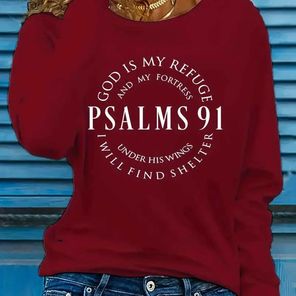 Women’s Psalms 91 long sleeve faith T-shirt by Plush Fashion Hub, featuring inspirational Christian design and comfortable fit.