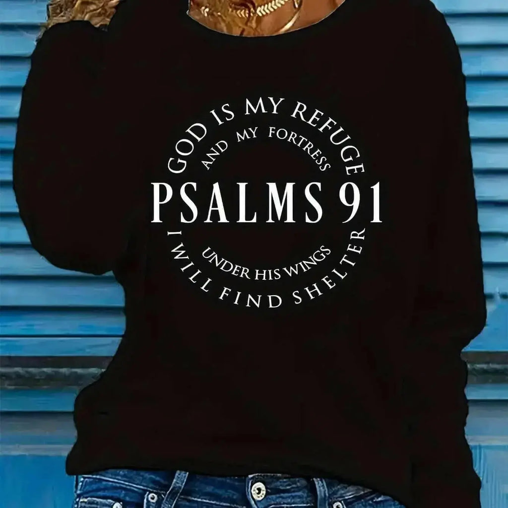 Women’s Psalms 91 long sleeve faith T-shirt by Plush Fashion Hub, featuring inspirational Christian design and comfortable fit.