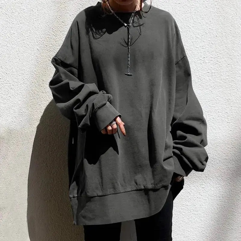 Women’s loose fit round neck pullover sweater, casual knitwear dress in soft fabric, by Plush Fashion Hub.