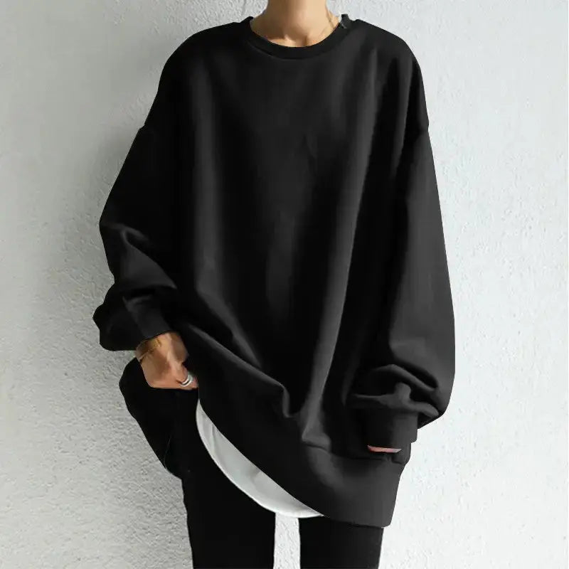 Women’s loose fit round neck pullover sweater dress in casual knitwear by Plush Fashion Hub, shown in a relaxed fit and soft fabric.