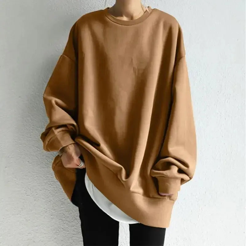 Women’s loose fit round neck sweater dress by Plush Fashion Hub, casual knitwear with a relaxed silhouette and cozy fabric.
