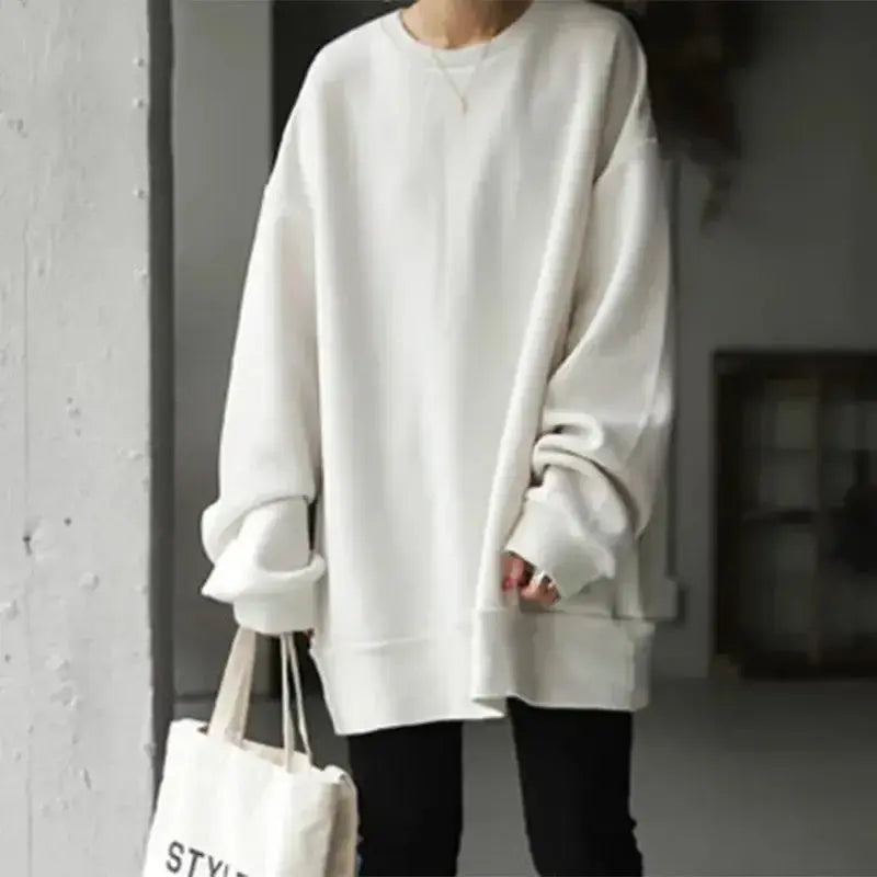 Women wearing a loose fit round neck knit sweater dress by Plush Fashion Hub, casual and comfortable for everyday wear.