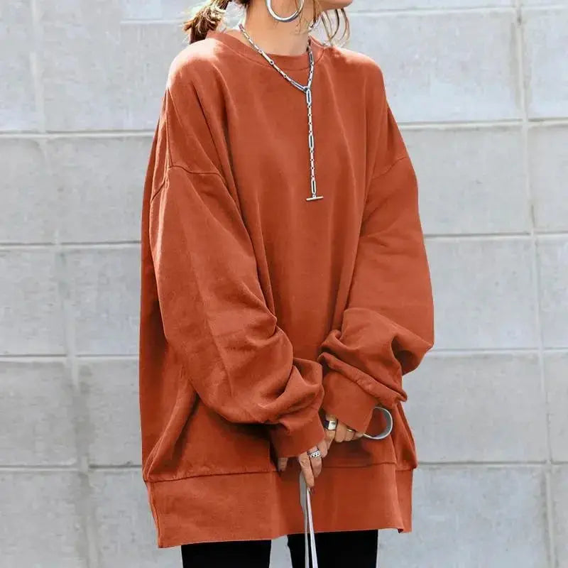 Woman wearing a loose fit round neck knit sweater dress by Plush Fashion Hub, casual casual cozy knitwear for everyday wear.