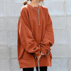 Woman wearing a loose fit round neck knit sweater dress by Plush Fashion Hub, casual casual cozy knitwear for everyday wear.