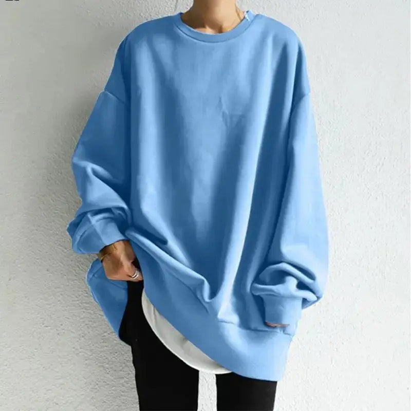 Women wearing a loose fit round neck knit sweater dress from Plush Fashion Hub, casual and comfortable knitwear for everyday wear.