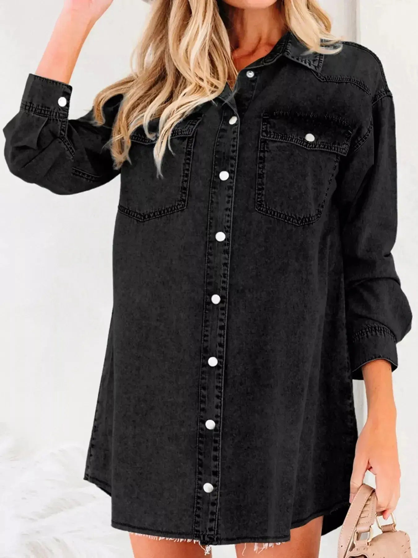 Women’s raw hem denim shirt dress by Trendsi featuring long sleeves, button-down front, and cotton fabric for a casual yet stylish look.