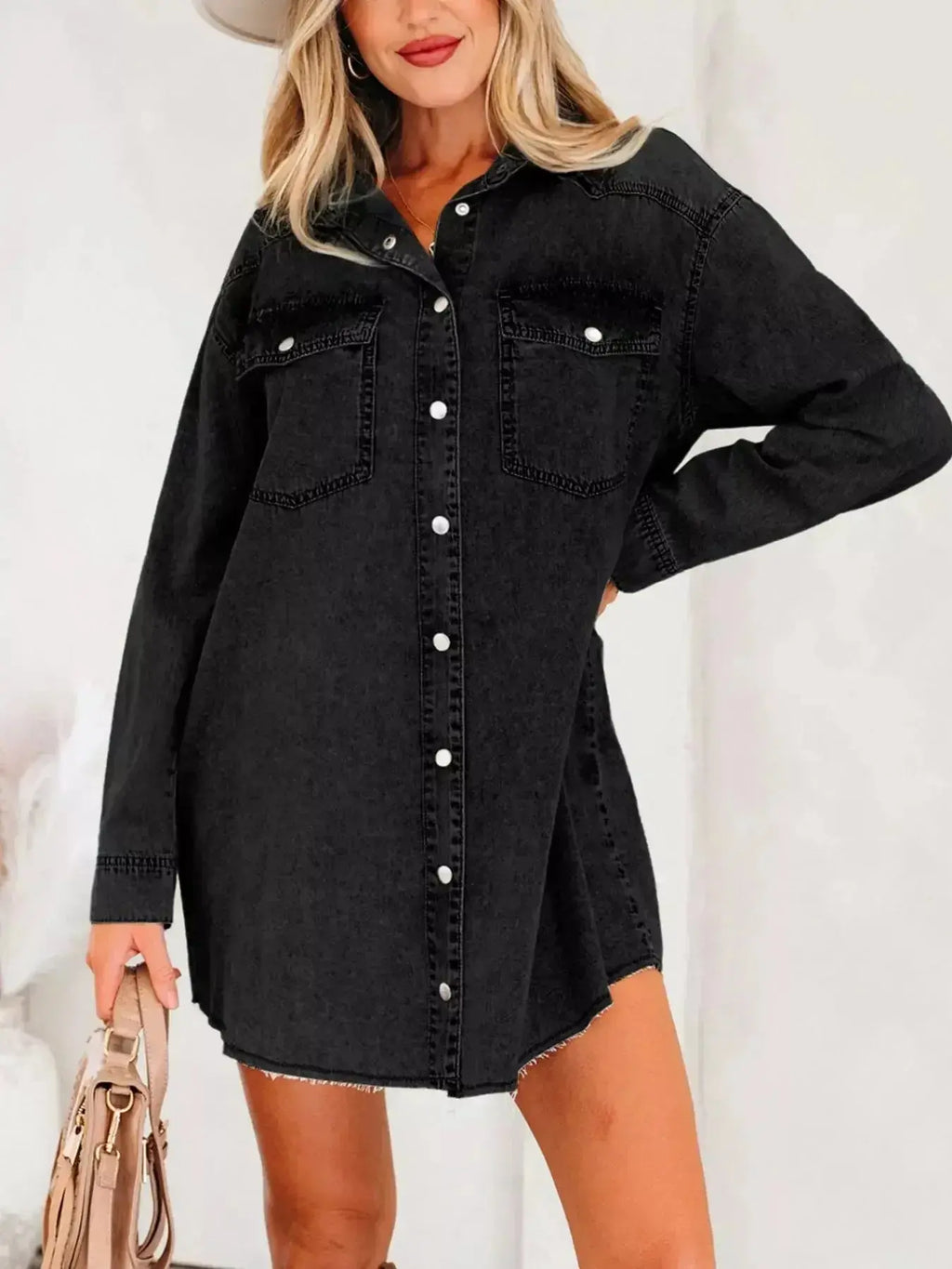 Women’s raw hem denim shirt dress with long sleeves and button-down front, made of cotton for a casual, stylish look.