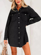 Women’s raw hem denim shirt dress with long sleeves and button-down front, made of cotton for a casual, stylish look.
