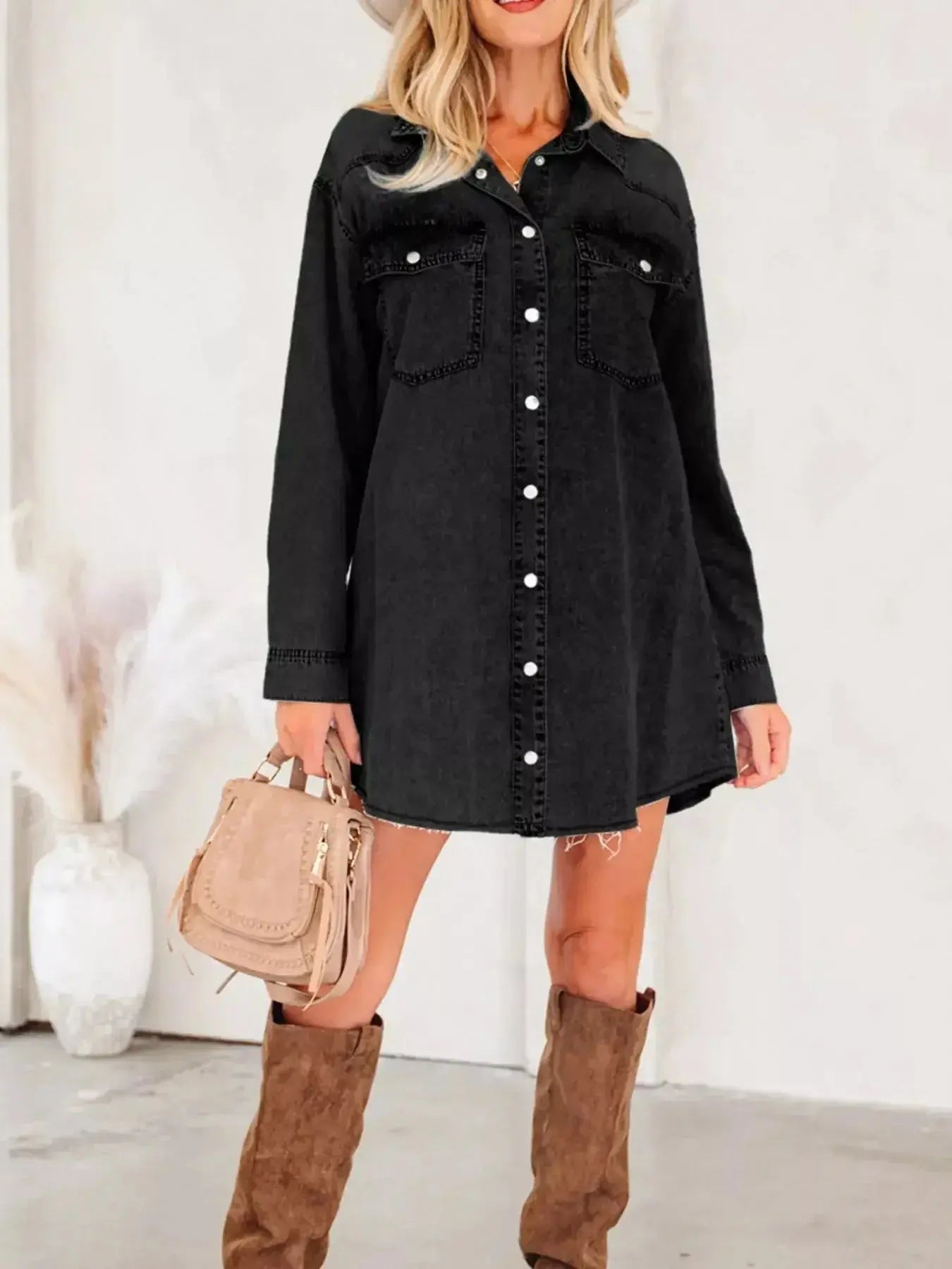 Women’s raw hem denim shirt dress with long sleeves, button-down front, cotton fabric, by Trendsi.