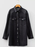 Women’s raw hem denim shirt dress by Trendsi with long sleeves, button-down front, and cotton fabric, styled for casual wear.