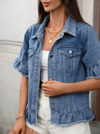 Women’s raw hem ruffled denim jacket by Trendsi featuring a stylish button-up design and trendy distressed details.