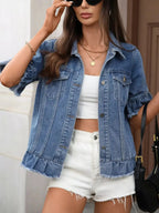 Women's raw hem ruffled denim jacket with button-up front, stylish Trendsi jean jacket for casual wear and trendy fashion.