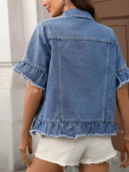 Women’s raw hem ruffled denim jacket by Trendsi featuring button-up front and stylish design, perfect for casual outfits.
