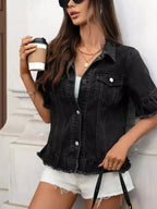 Women’s raw hem ruffled denim jacket by Trendsi featuring button-up front and stylish design, perfect for casual wear.