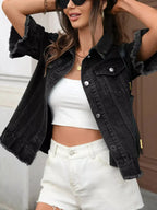 Women's raw hem ruffled denim jacket by Trendsi, stylish button-up jean jacket with ruffle details and distressed hem.
