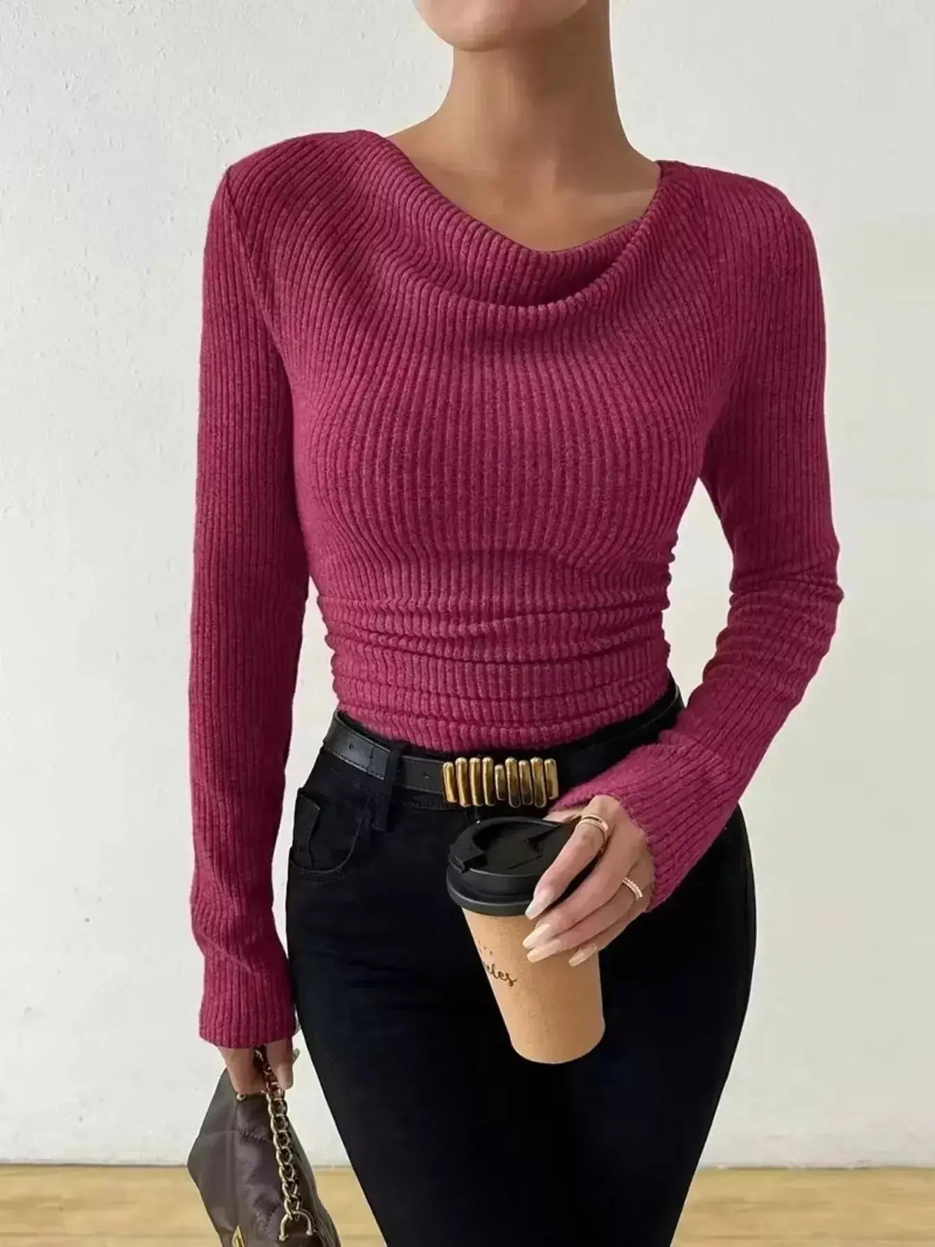 Women's ribbed cowl neck long sleeve sweater with ruched detail from Trendsi, featuring a cozy, stylish design and textured fabric.