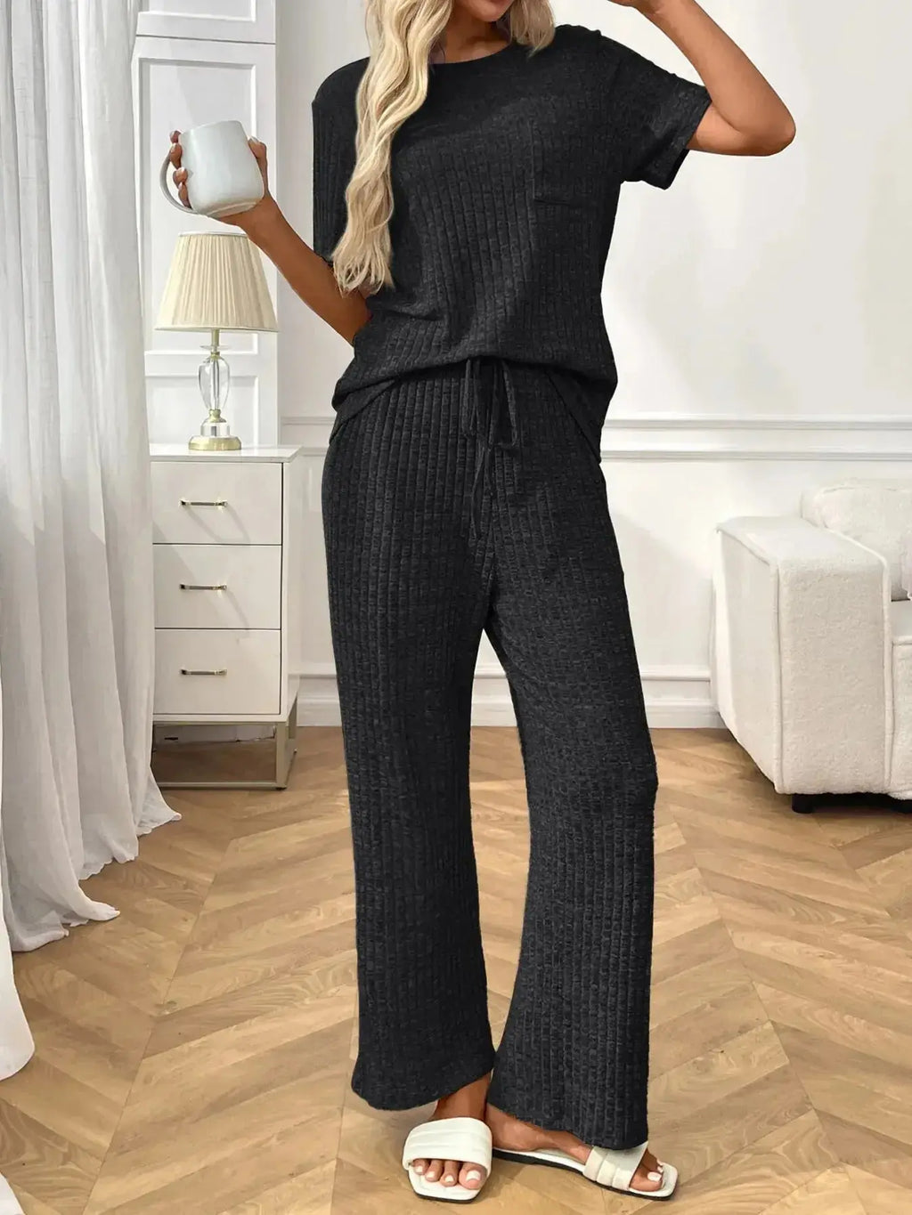 Women's ribbed knit short sleeve loungewear set with pockets, soft and comfortable pajamas from Trendsi.
