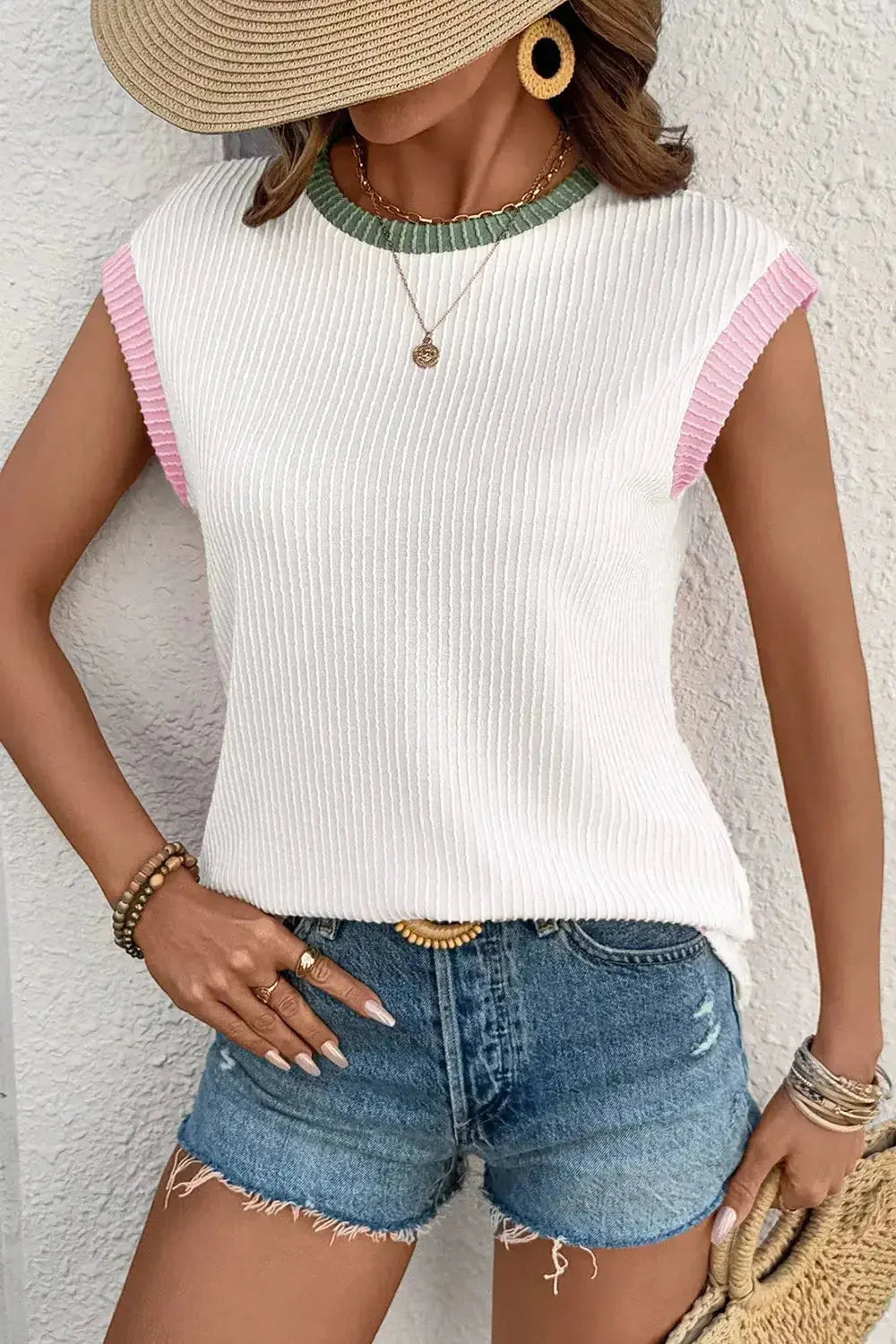 Women’s ribbed knit sleeveless top with contrast trim, soft fitted tank shirt by Trendsi, shown with a close-up of the fabric and trim details.