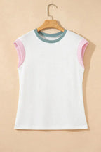 Women's ribbed knit sleeveless top with contrast trim, fitted soft tank shirt by Trendsi, shown on a model.