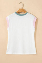Women's ribbed knit sleeveless tank top with contrast trim from Trendsi, soft fitted shirt with a sleek, stylish design.