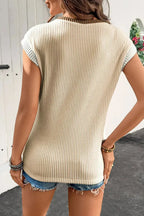 Women's ribbed knit sleeveless top with contrast trim, soft fitted tank shirt by Trendsi, shown with a close-up of the neckline and fabric detail.