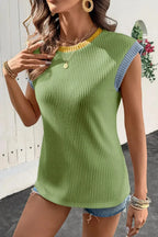 Women's ribbed knit sleeveless tank top with contrast trim, fitted soft shirt by Trendsi.