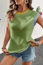 Women's ribbed knit sleeveless top with contrast trim, soft fitted tank shirt by Trendsi, shown in a close-up view.