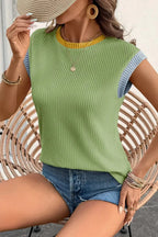 Women's ribbed knit sleeveless top with contrast trim, soft fitted tank shirt by Trendsi, featuring a stylish and comfortable design.