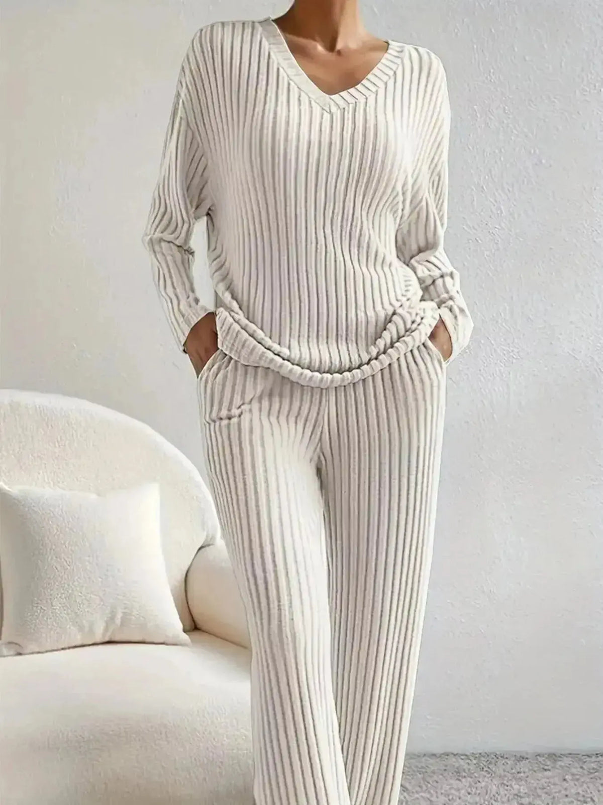 Women’s ribbed knit V-neck lounge set by Plush Fashion Hub, two-piece matching outfit with comfortable, cozy fabric.