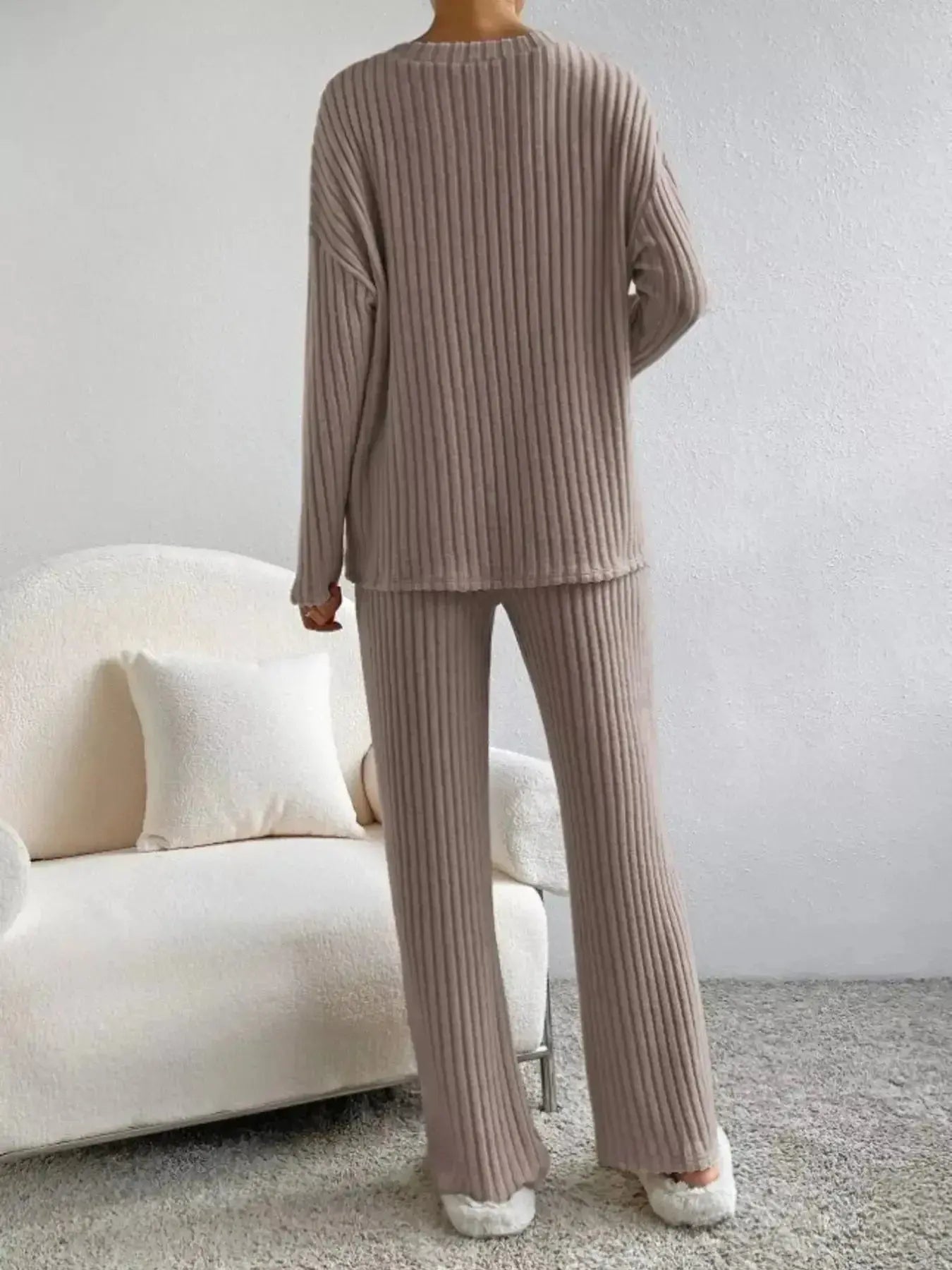 Women's ribbed knit V-neck lounge set by Plush Fashion Hub, two-piece matching outfit with comfortable, soft fabric and relaxed fit.