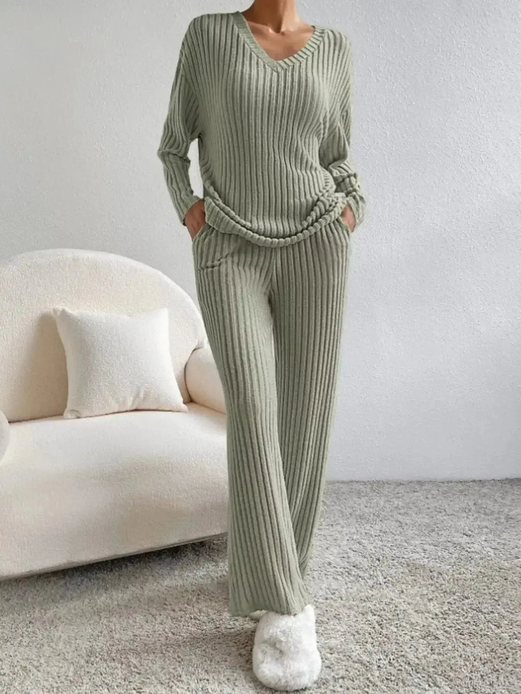 Women’s ribbed knit V-neck lounge set by Plush Fashion Hub, two-piece matching outfit with comfortable, cozy fabric.