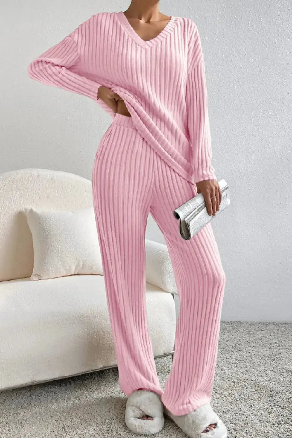 Women's ribbed V-neck lounge set by Trendsi, cozy two-piece pajama set with soft, comfortable fabric and relaxed fit.