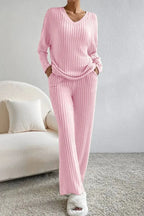 Women’s ribbed V-neck lounge set by Trendsi, comfortable two-piece pajama set with soft fabric and relaxed fit.