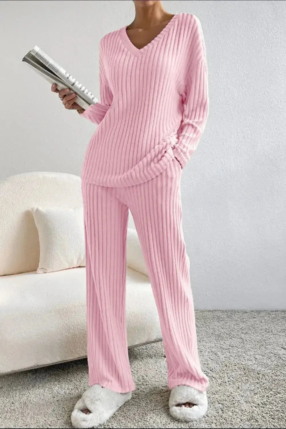 Women’s ribbed V-neck lounge set by Trendsi, comfortable two-piece pajama set with soft fabric and relaxed fit.