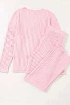 Women’s ribbed V-neck lounge set by Trendsi, comfortable two-piece pajama set with soft fabric and relaxed fit.