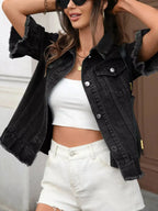 Women's ruffled raw hem button-up denim jacket by Trendsi, featuring a classic denim design with ruffle details and a button-up front.